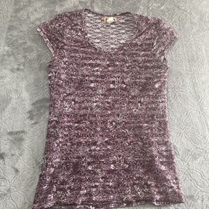 Mudd Women’s XL Sheer Lace Print Top Purple Grunge Y2K Stretch Cap Sleeve